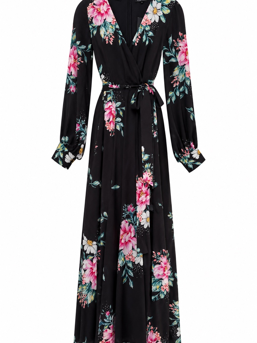 Yumi Kim Black Floral Wrap Maxi Dress with Pink and White Blooms